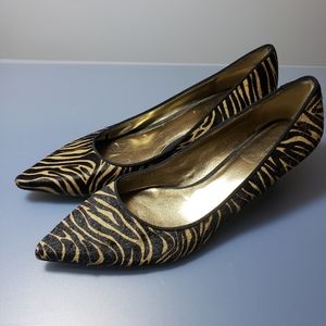Nine West Tiger Print Leather Slide On Pumps Size11M - Kitten Heels EUC